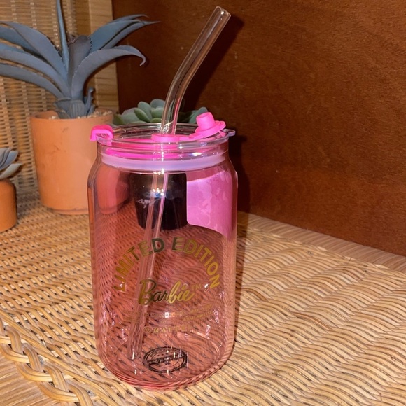 Barbie Drinking Glasses Pink Barbie Glass Cups lids straws Barbie X Dragon 🆕 🎀 - Picture 11 of 13
